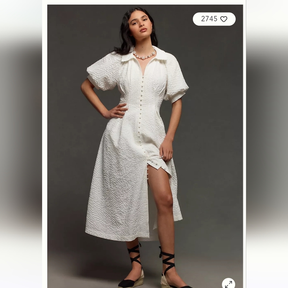 English Factory Puff-Sleeve Shirt Dress Elegant White Button-Up Dress